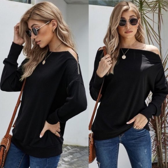 Private Label Tops - NWT: Black Knit Top with Zipper Detail at Shoulder